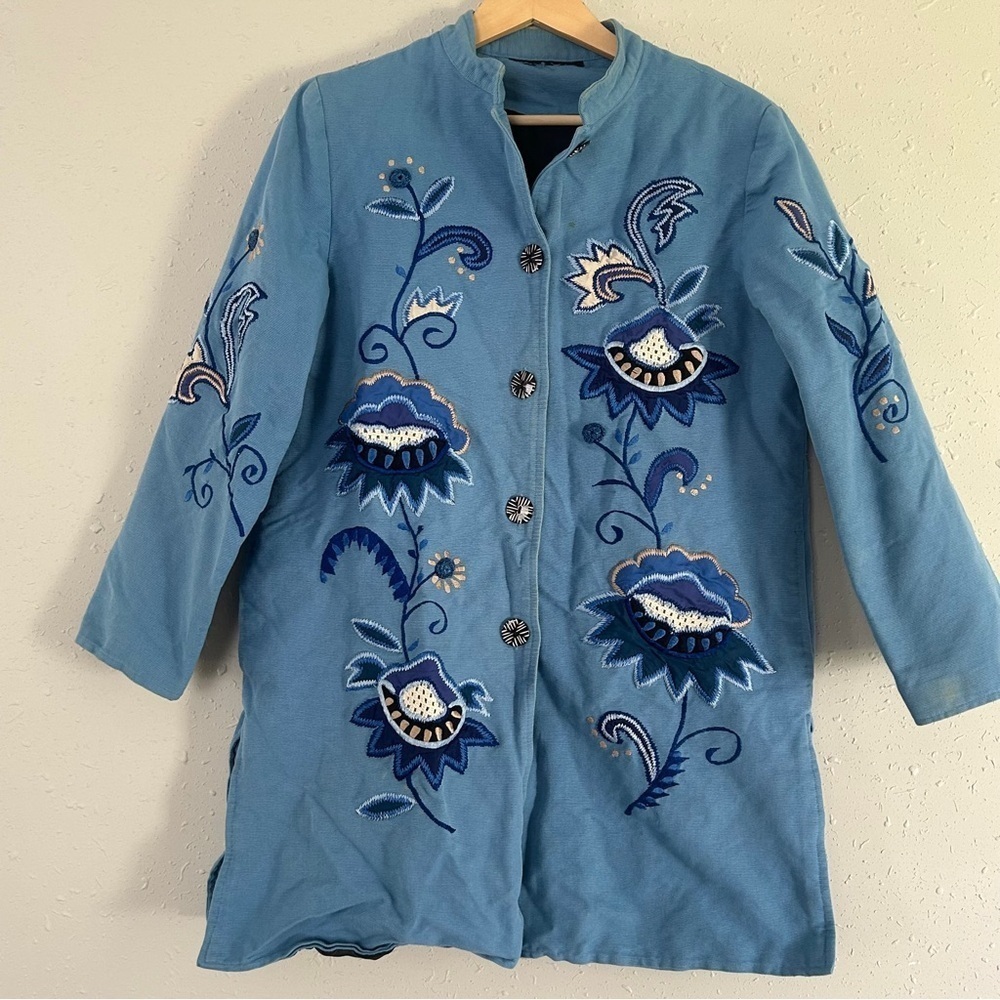 Indigo Moon Powder Blue Embroidered Floral Jacket Casual Vintage Unique Large